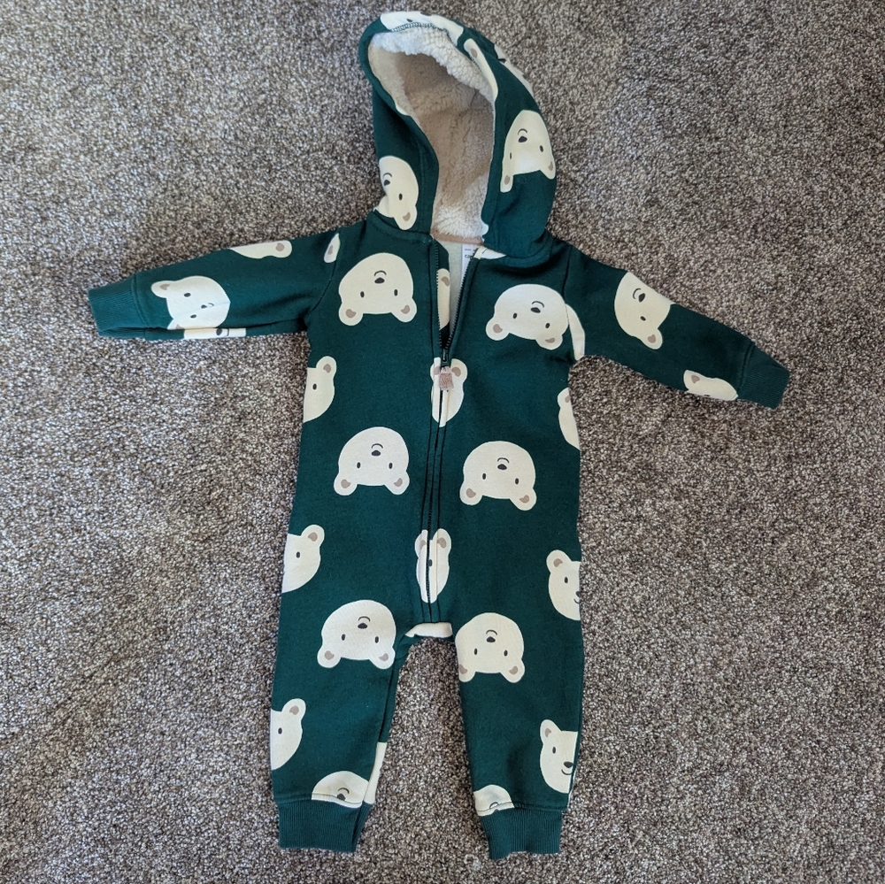 Carter’s Bear Print Hooded Romper | Size 9M | Sherpa-Lined